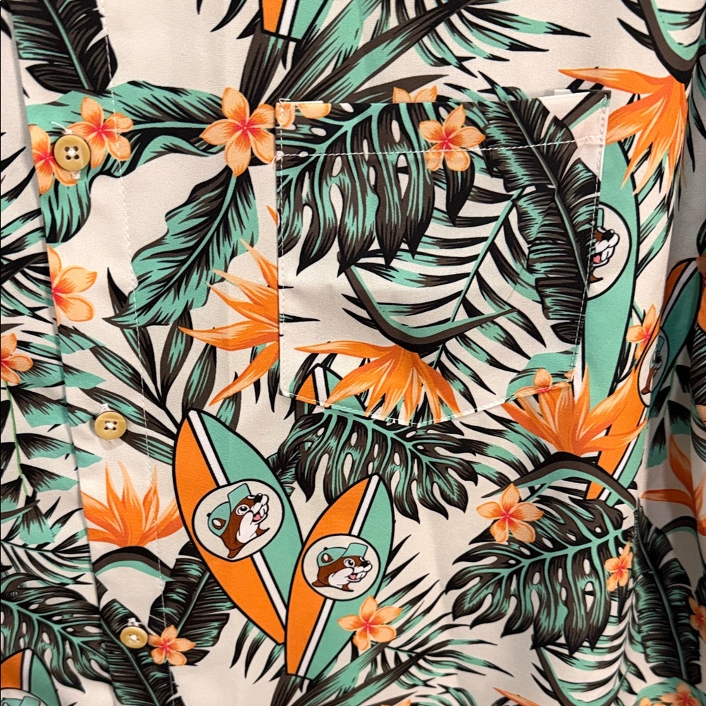 Buc-ee’s Men's Short-Sleeve Tropical Button-Down Shirt - Orange & Teal 2X - Picture 5 of 6